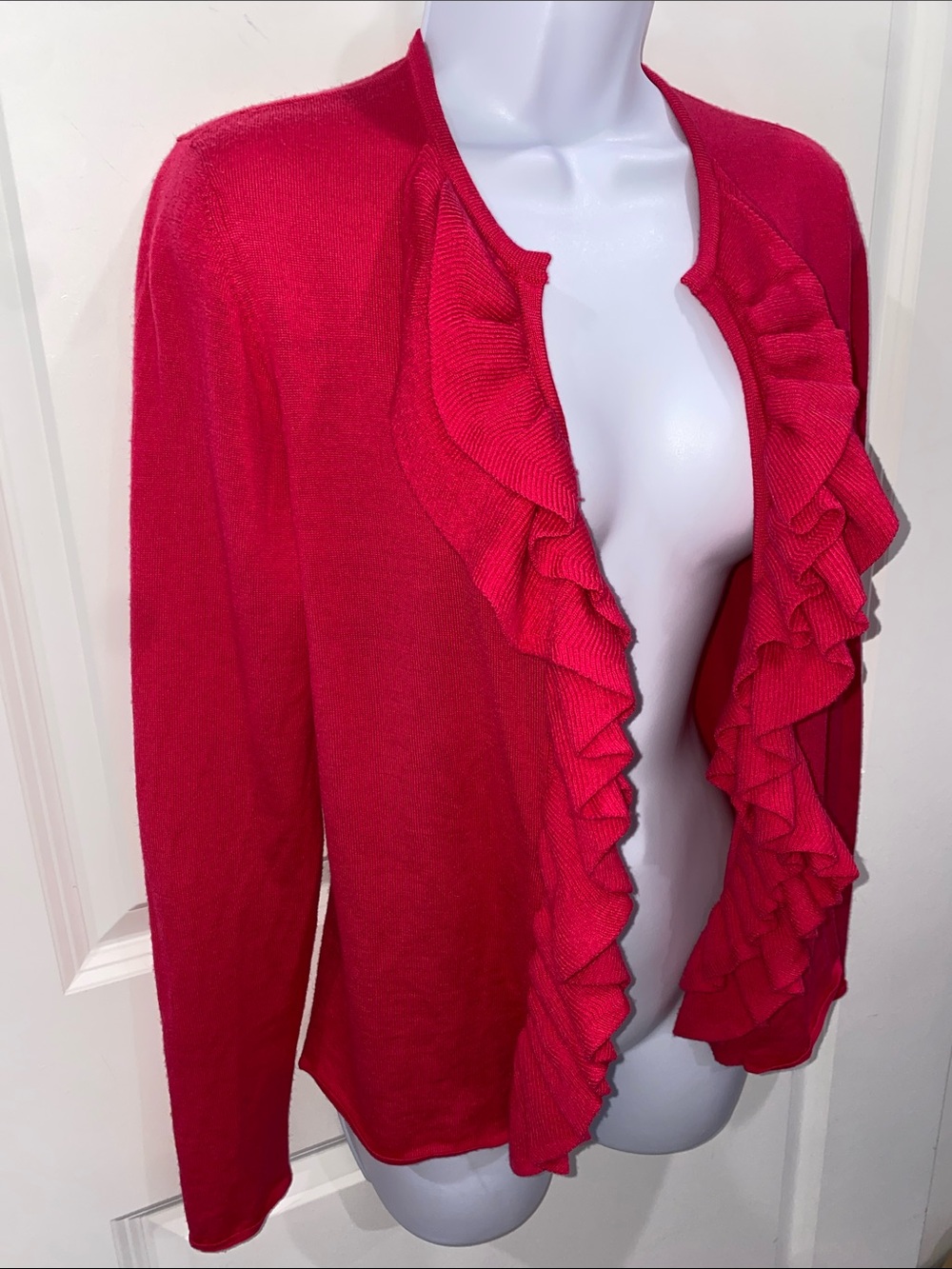 Tory Burch Pink Ruffle Open Front Cardigan Merino Wool Size Small - Picture 7 of 14